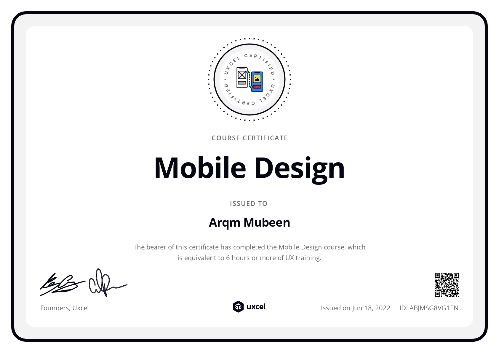 Arqm Mubeen's certificate